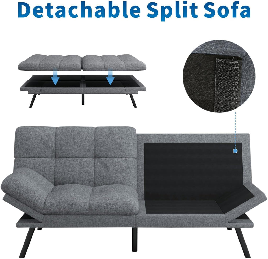 MUUEGM Futon Sofa Bed, 71' Convertible Linen Memory Foam Couch Bed, Modern Backrests Armrests Love Seat for Living Room,Apartment,Office,Light Grey Sleeper Couch