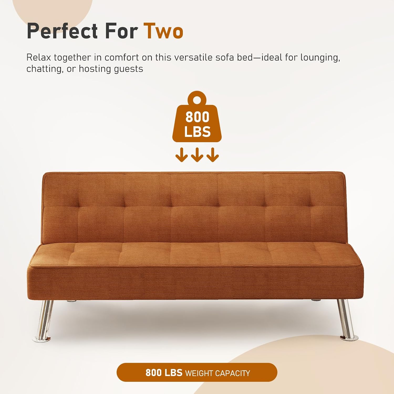 Furnimart Futon Sofa Bed, 66' Corduroy Convertible Futon Couch with 3-Position Adjustable Backrest, Solid Wood Frame Sleeper Sofa for Small Space, Living Room, Apartment, Office, Burnt Orange