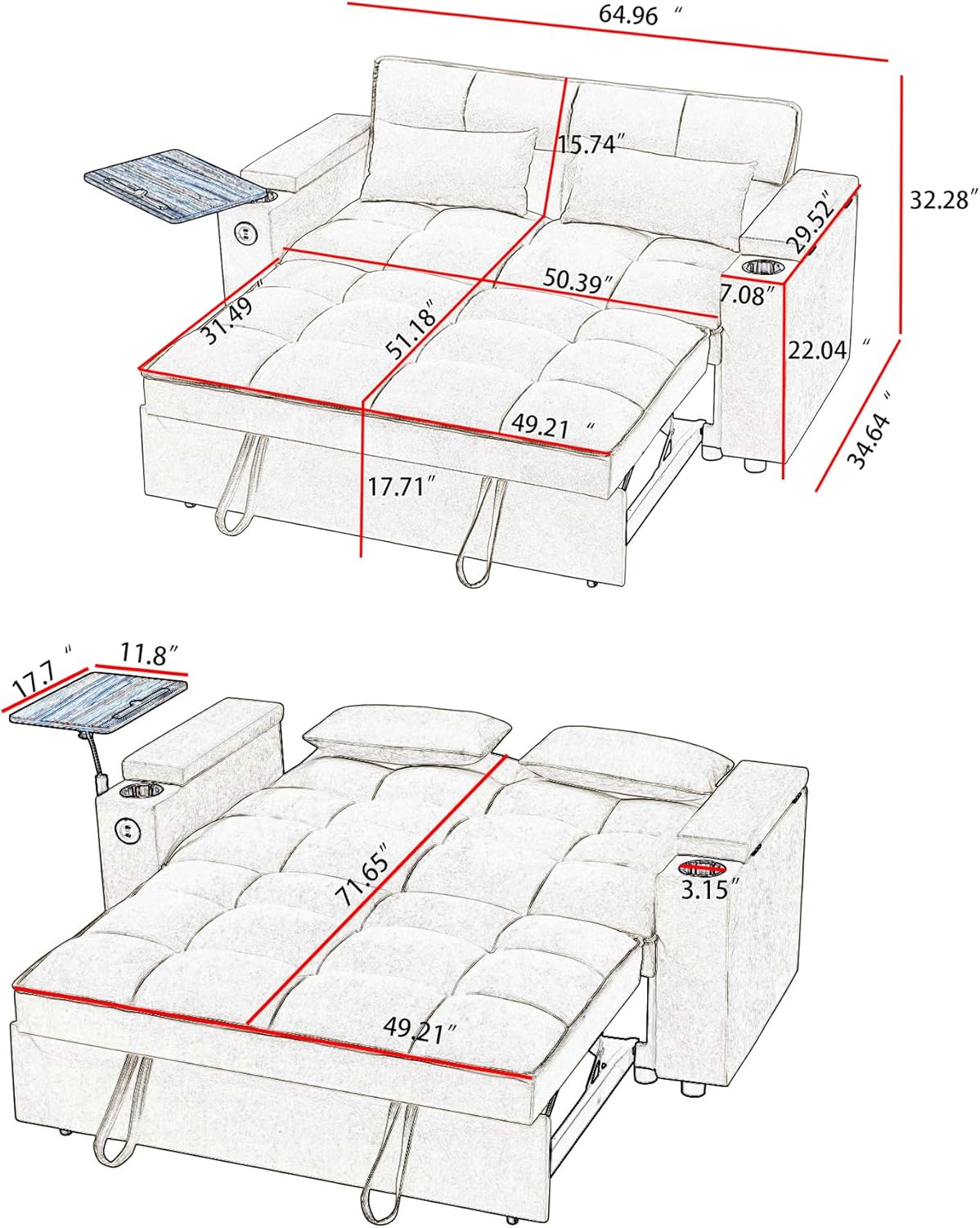 hansones 65'' 3-in-1 Folding Convertible Sofa Bed, Queen Size Pullout Sofa, Modern Chenille Fabric, 360° Swivel Side Table, Easy Assembly, Perfect for Living Room