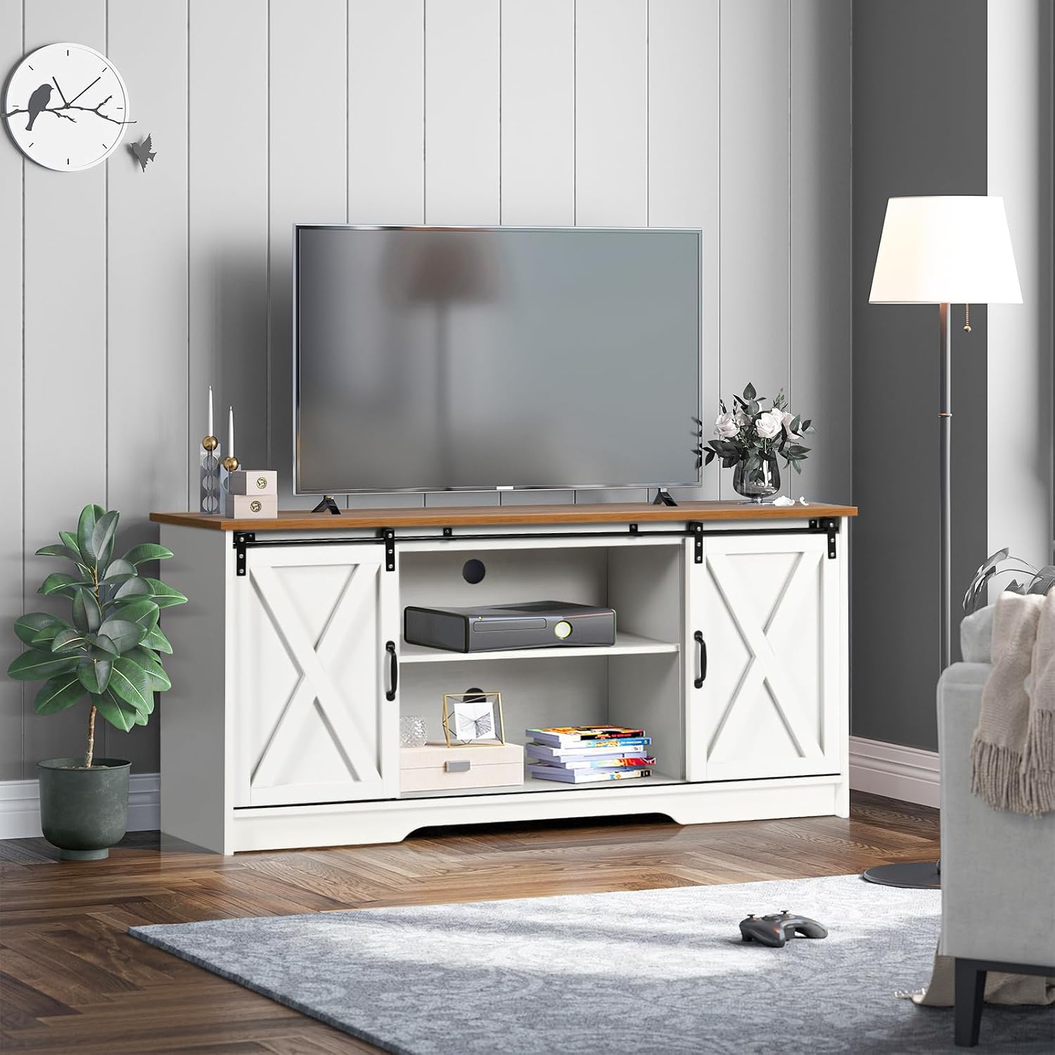 4 EVER WINNER TV Stand for 65 Inch TV for Living Room, Modern Farmhouse Barn Door TV Stand with Storage Cabinets and Adjustable Shelves for Bedroom, Media Entertainment Center TV Console Table, White