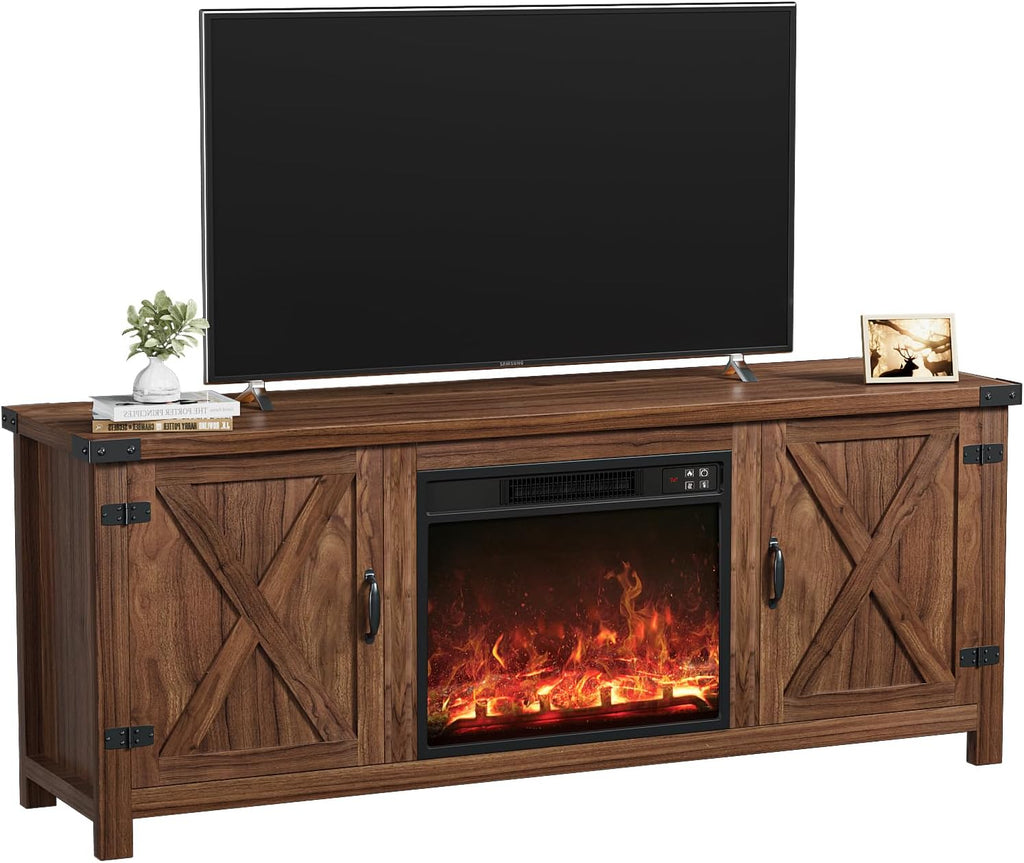 YESHOMY Fireplace TV Stand with Two Barn Doors and Storage Cabinets for Televisions up to 65+ Inch, Entertainment Center Console Table, Media Furniture for Living Room, 58 Inch, Brown