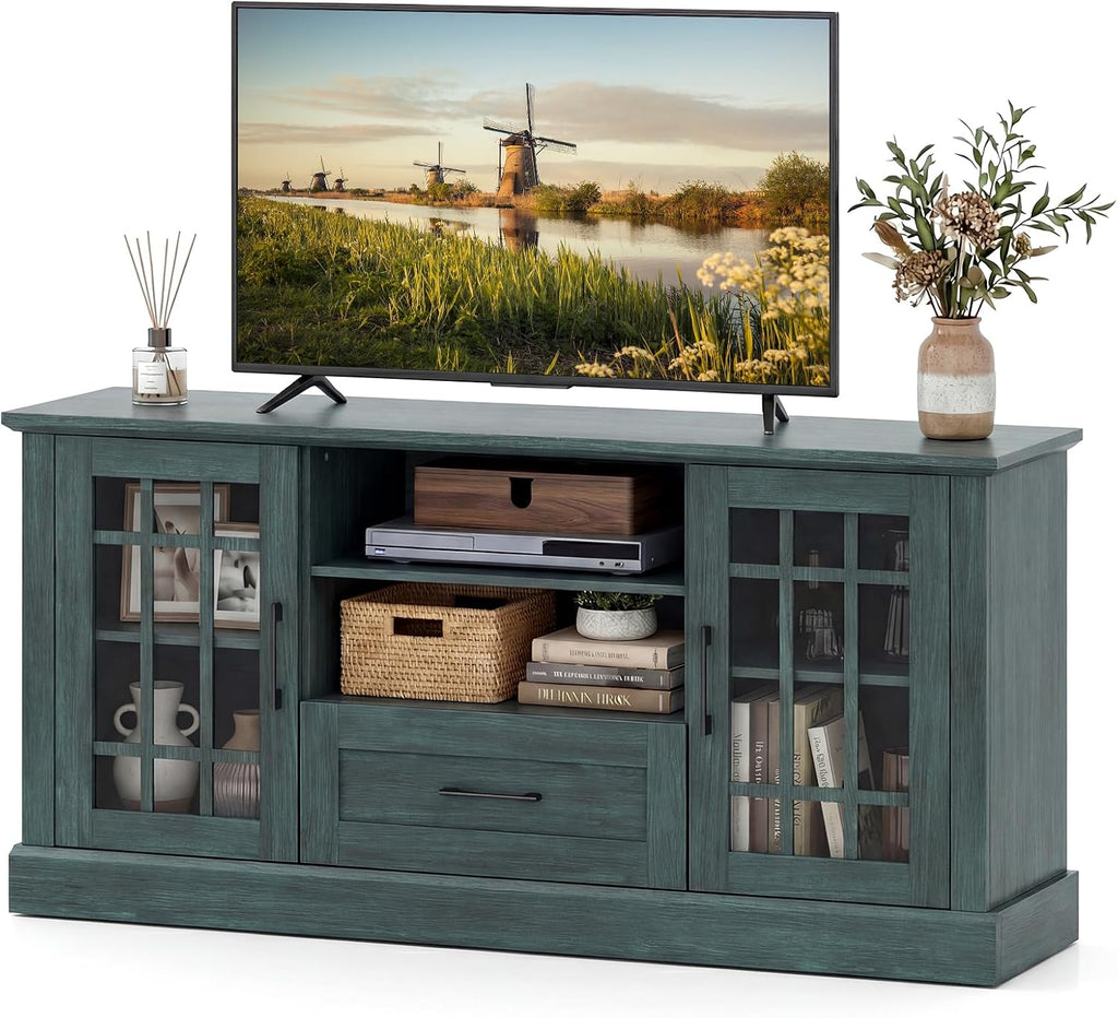 Giantex Farmhouse TV Stand for 65/70 Inch TV, Tall Entertainment Center with Storage Cabinets, Glass Doors, Drawer, Removable Shelves, Media TV Console Table for Living Room, Bedroom (Vintage Green)