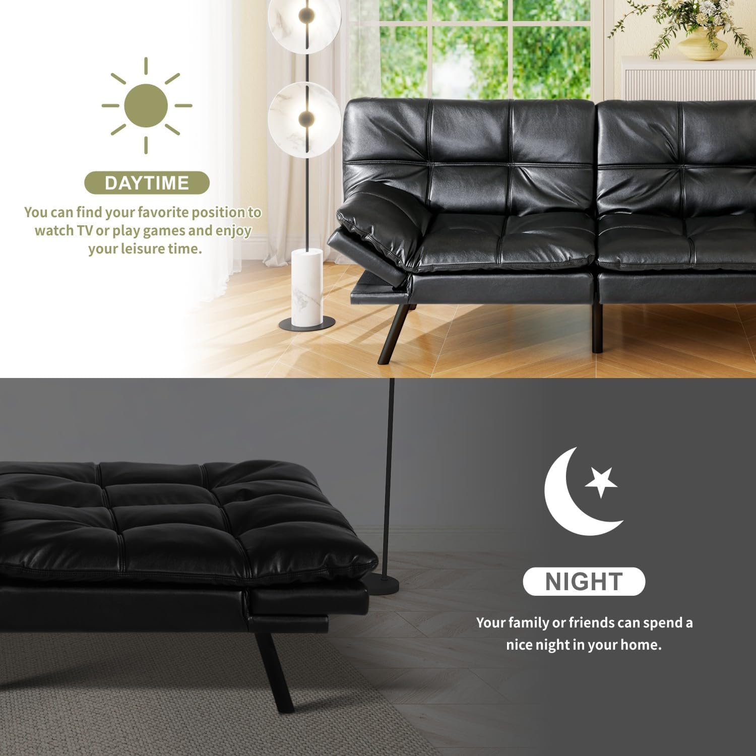 Vipbear 71' Futon Sofa Bed - Convertible Sofa Beds/Adjustable Backrest & Armrest, Comfy Loveseat Sleeper for Small Spaces, Apartments & Offices,Faux Leather Black Futons