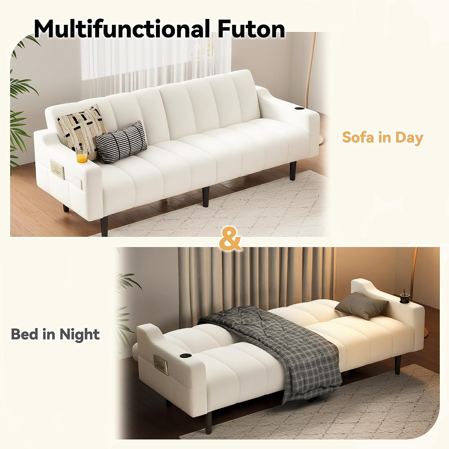 80'' Futon Sofa Bed,Faux Leather Futon Sleeper Sofa, Convertible Loveseat with Adjustable Sofa Backrest,Modern Couches for Living Room, Bedroom, Apartment, Office (Beige)