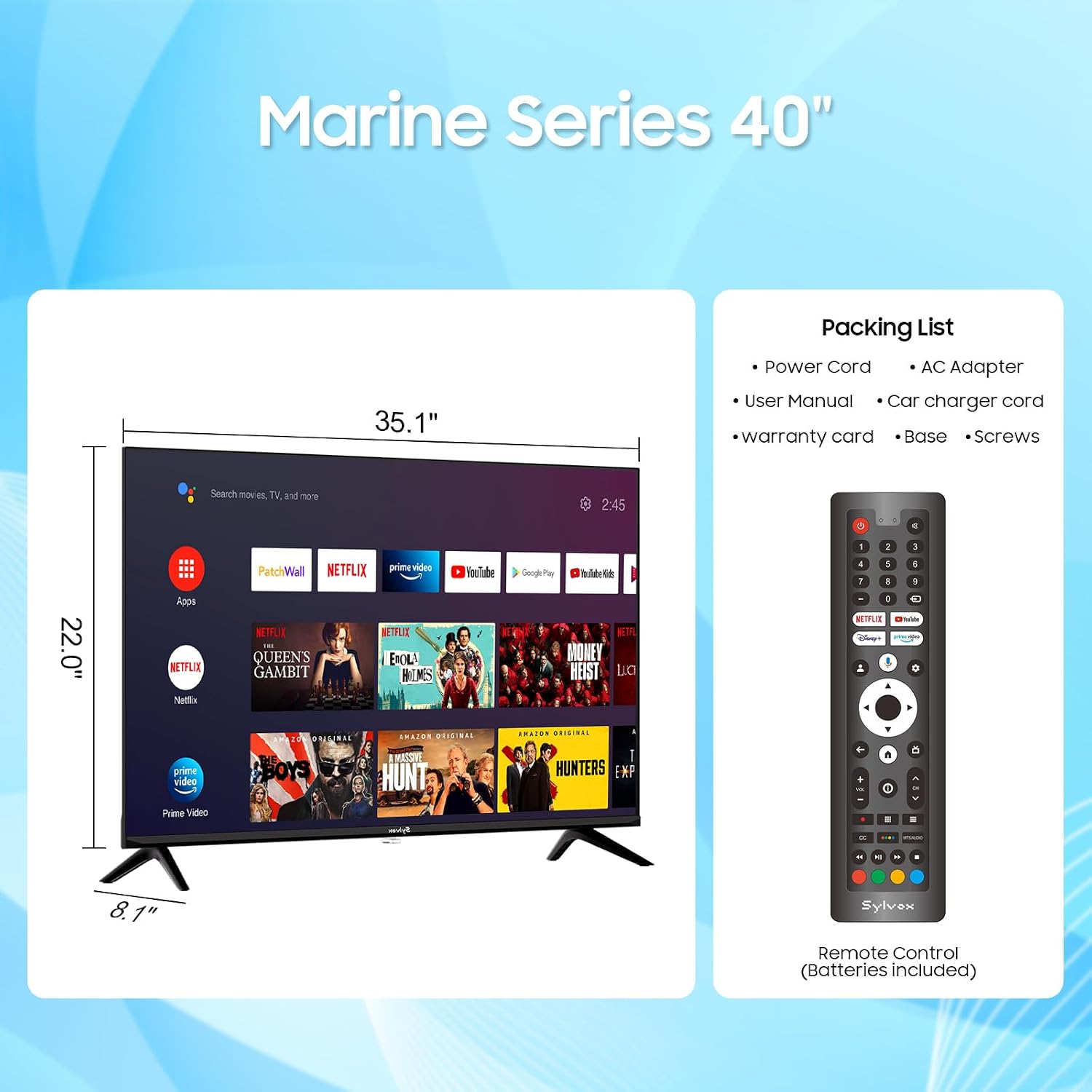 SYLVOX 12 Volt TV, 40' Smart Television 1080P with Google OS Support Voice Remote Screencast ATSC NTSC WiFi Bluetooth HDMI USB, AC/DC Powered, 12V TV for RV Camper Boat Coastal Home (Marine Series)