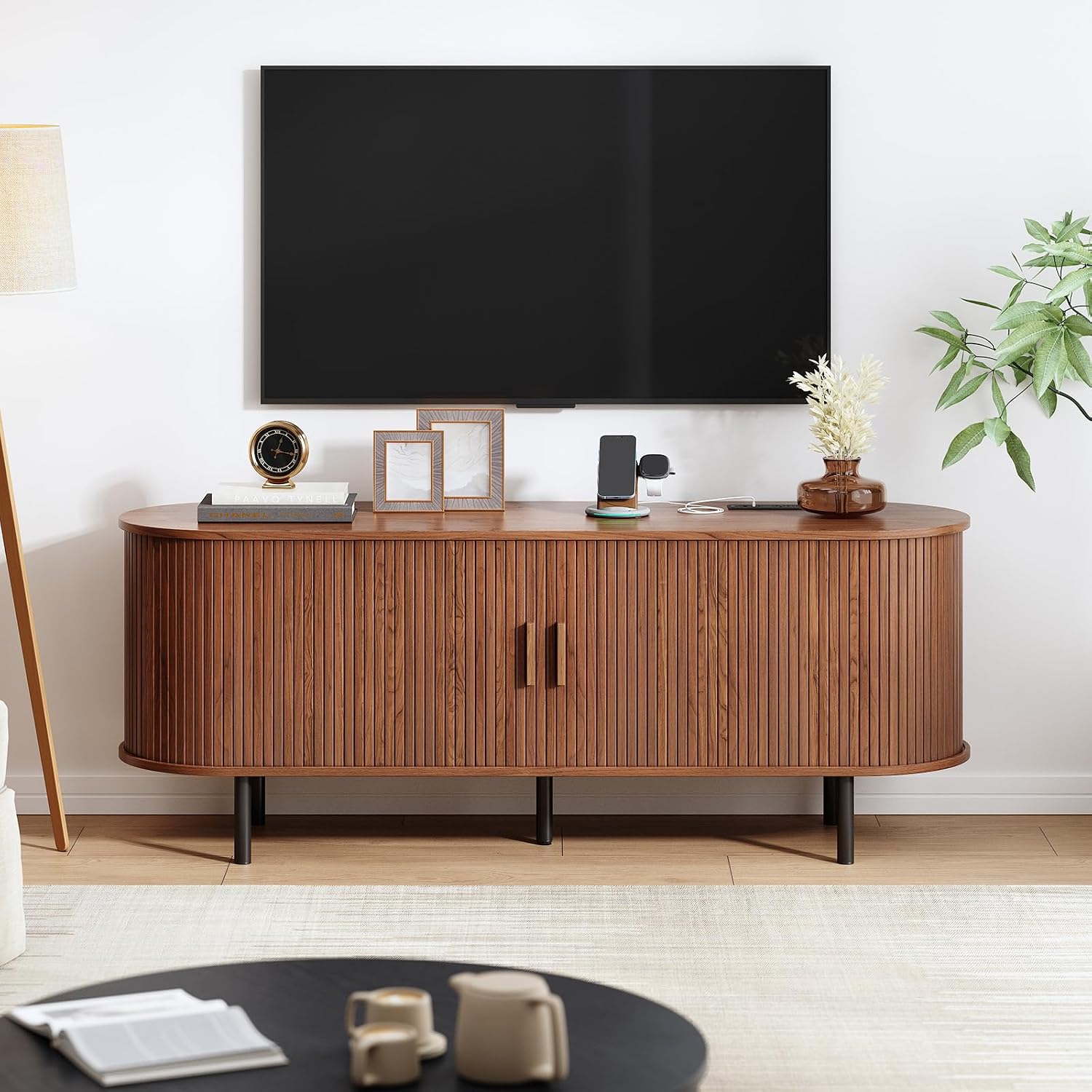 55' TV Stand with Power Outlet, Mid-Century Modern Television Stand, Fluted Media Console with Sliding Doors, Entertainment Center for TVs up to 60 Inch, Adjustable Shelves, Walnut