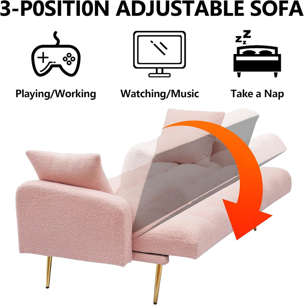 Comfy Futon Sofa Bed with 2 Pillows, Pink Futon Couch Bed with Gold Legs, Small Convertible Sofa Bed Couch for Living Room, Modern Loveseat for Bedroom, Curved Arms, Plush Tufted-Shaped,Teddy (Pink)