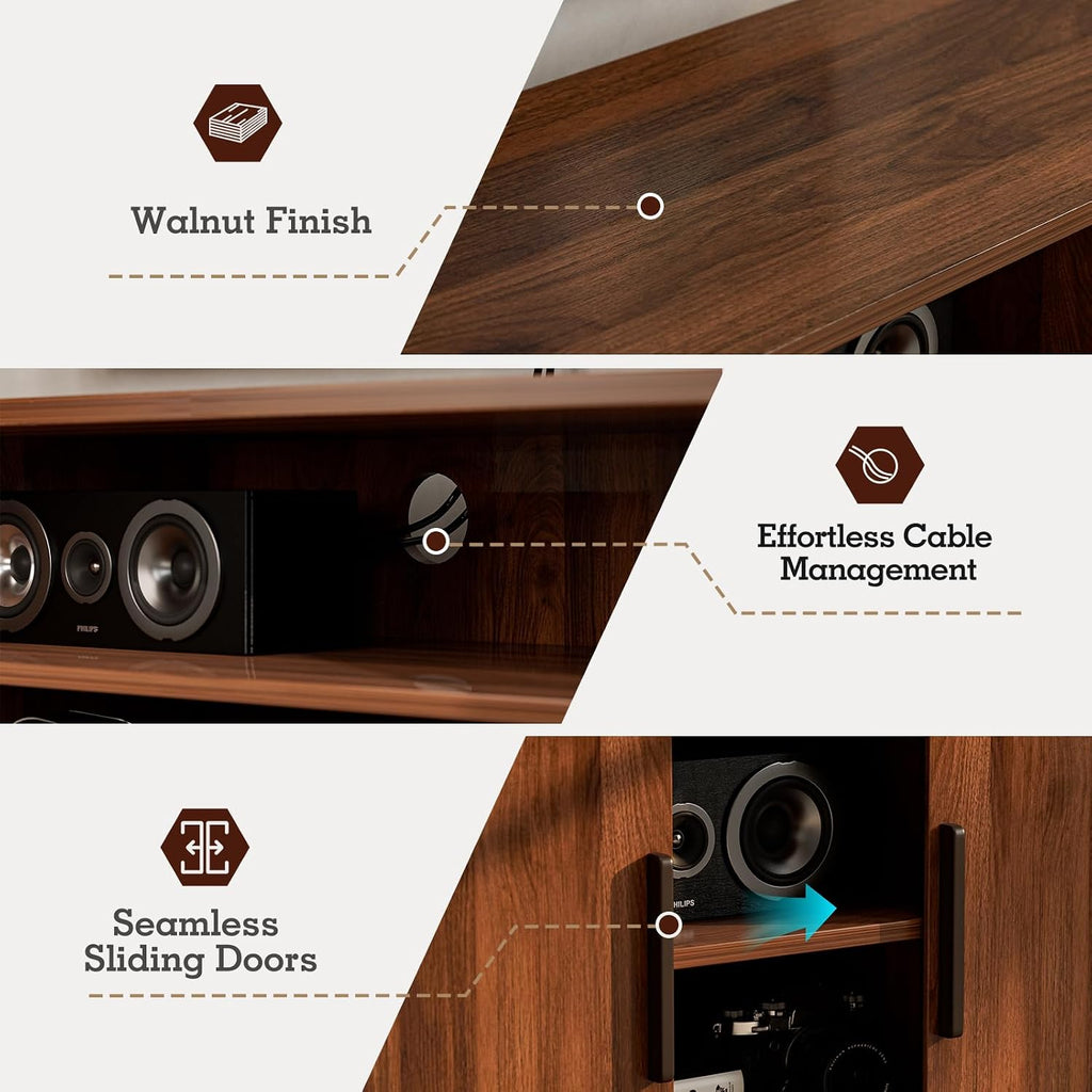 ZttRiee TV Stand for TVs up to 60 Inch, Entertainment Center with Sliding Doors and Adjustable Shelf, Modern TV Console with Storage for Living Room, Bedroom, Walnut