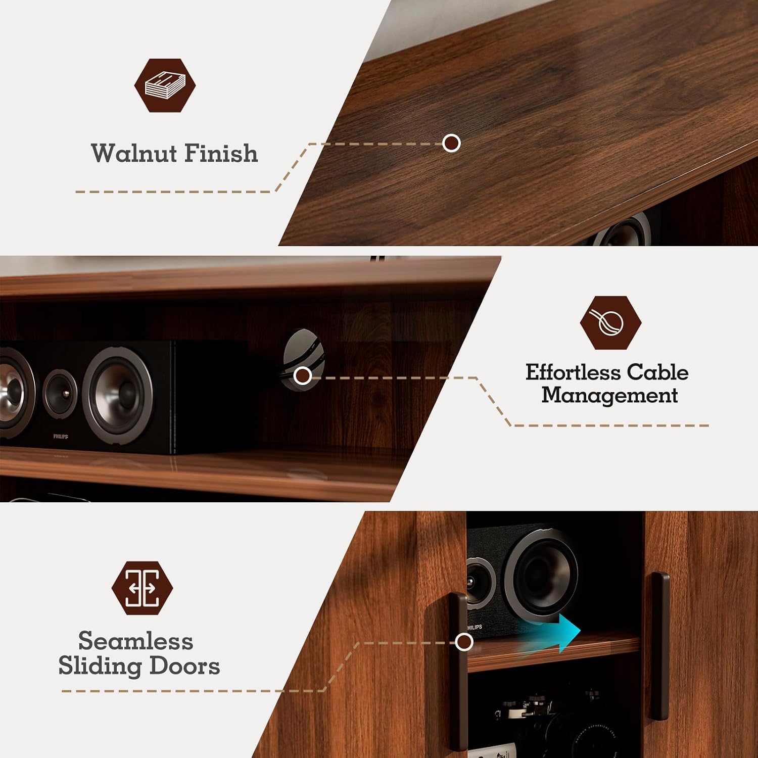 ZttRiee TV Stand for TVs up to 60 Inch, Entertainment Center with Sliding Doors and Adjustable Shelf, Modern TV Console with Storage for Living Room, Bedroom, Walnut
