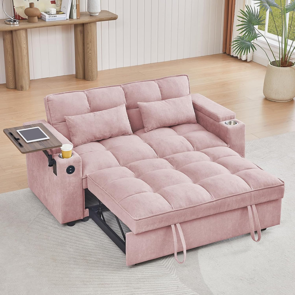 hansones 66' Multi-Functional Pull-Out Sofa Bed with Hidden Side Table, Storage Armrests, Built-in Charging Port, Spring Mattress, Solid Wood Frame – Ideal for Small Spaces, Easy Assembly