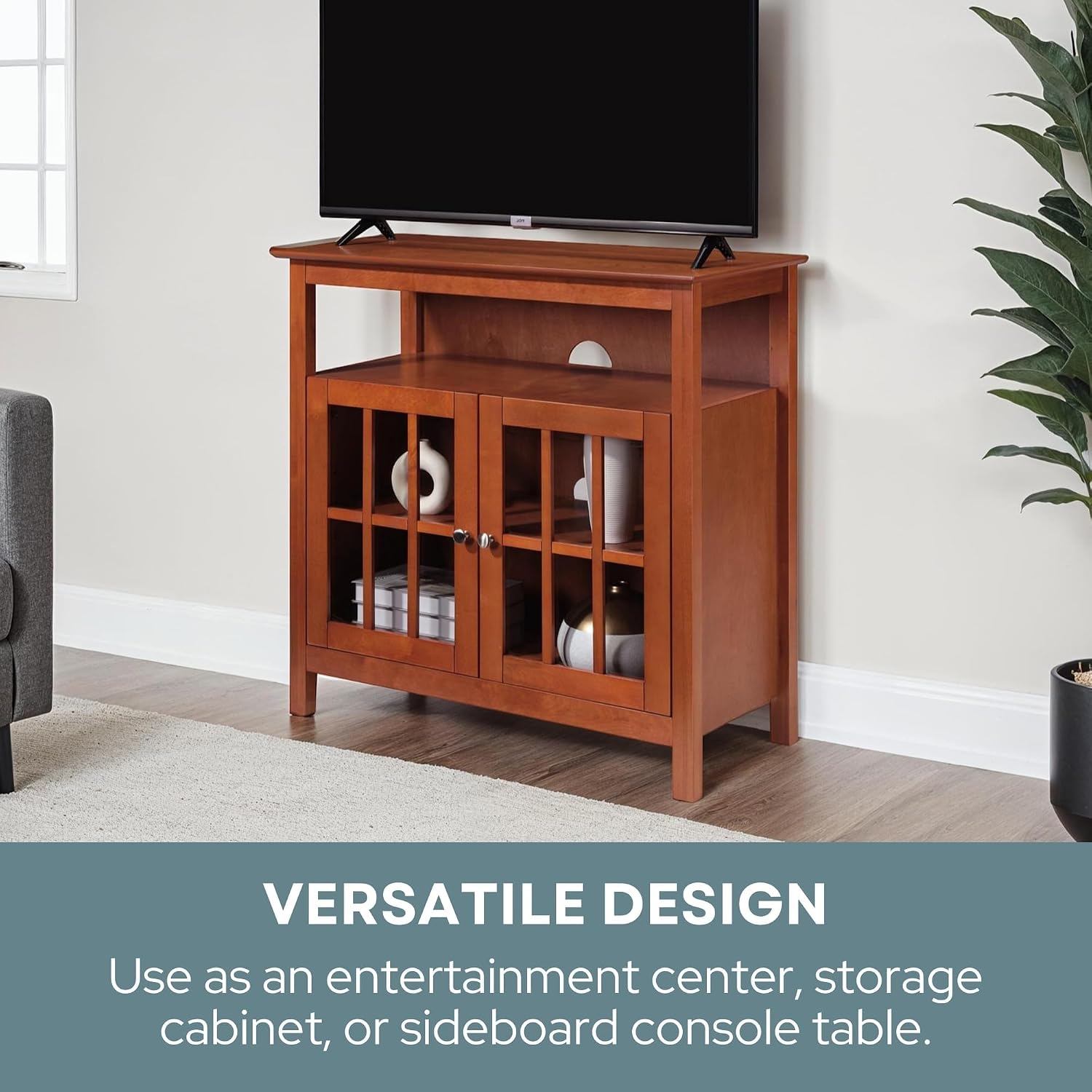 Convenience Concepts Big Sur Highboy TV Stand 36' - Modern Entertainment Center For TVs up to 40', Storage Cabinet for Dining, Living Room, & Entryway, Console Hall Table with Shelves, Cherry