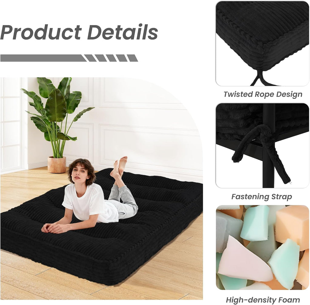 8' Futon Mattress Full Size 54' x 80', Futon Sofa Couch Bed with Twisted Rope Design Edging, Extra Thick Corded Floor Futon Mattress Sleeping Mat for Adults, Camping, Dorm, Black(Frame Not Included)