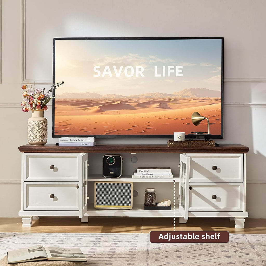 SAVOR LIFE TV Stands for Living Room, Farmhouse Entertainment Center, Rustic Wood TV Stand with Drawers for 75 Inch TV, White