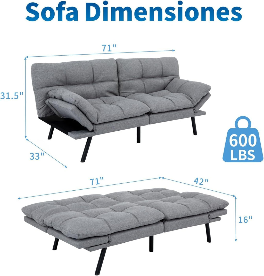 MUUEGM Futon Sofa Bed, 71' Convertible Linen Memory Foam Couch Bed, Modern Backrests Armrests Love Seat for Living Room,Apartment,Office,Light Grey Sleeper Couch
