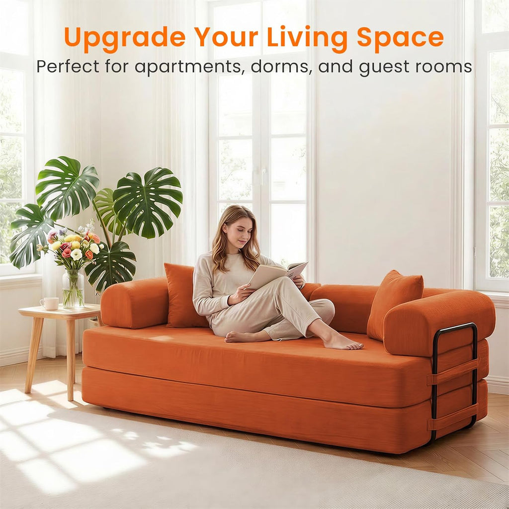 ijuicy 4-in-1 King Convertible Floor Sofa Bed w/ 2 Pillow,Modular Sleeper Sofa/Folding Futon Couch Bed w/Cylindrical Backrest and Fixed Frame,Lounge Couch,Corduroy Compression Sofas for Home-Orange