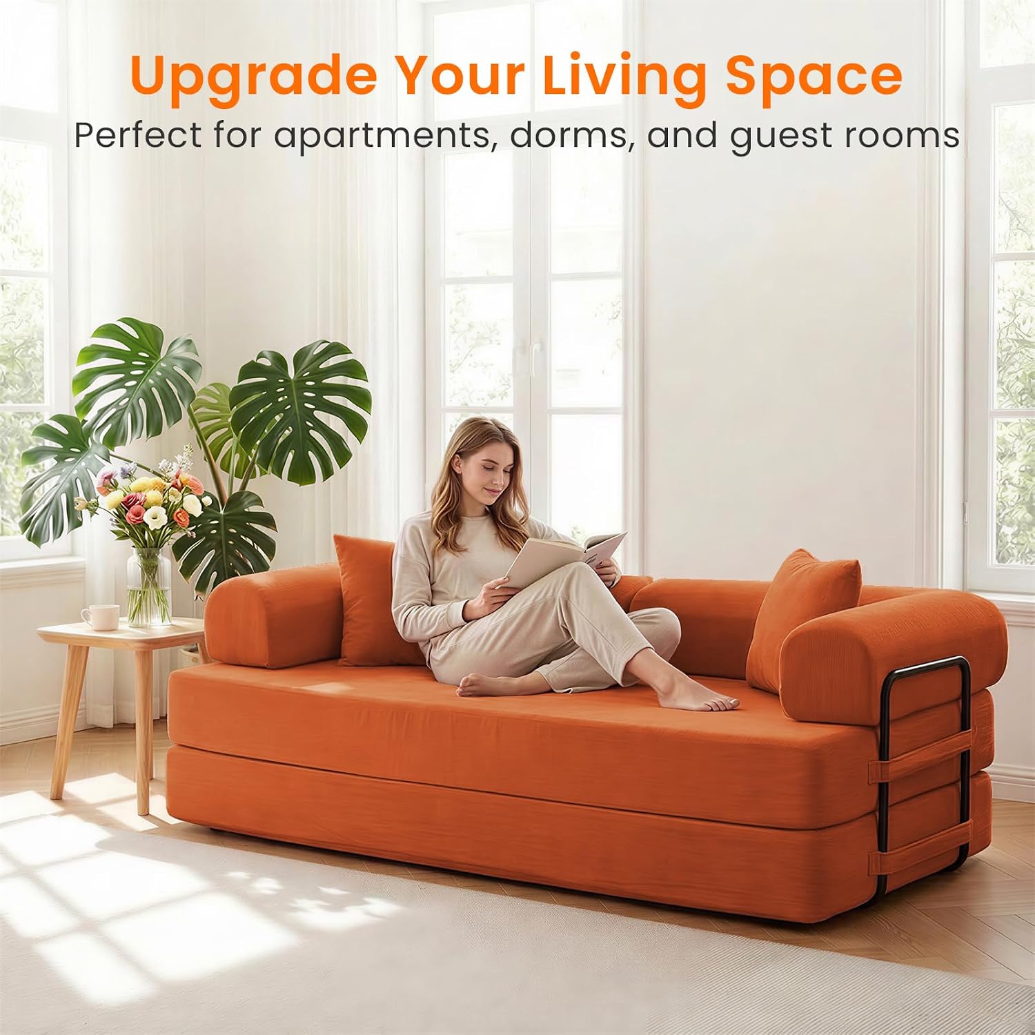 ijuicy 4-in-1 King Convertible Floor Sofa Bed w/ 2 Pillow,Modular Sleeper Sofa/Folding Futon Couch Bed w/Cylindrical Backrest and Fixed Frame,Lounge Couch,Corduroy Compression Sofas for Home-Orange