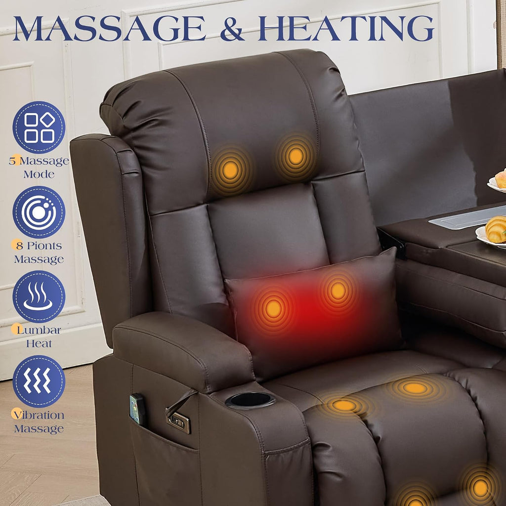 TUNYI Power Loveseat Recliner Sofa with Massage & Heat Home Theater Seating with Console RV Recliner Loveseat Sofa with USB/Storage/Side Pocket/LED Light/Speaker (Light Brown, 4 Seat with Corner)