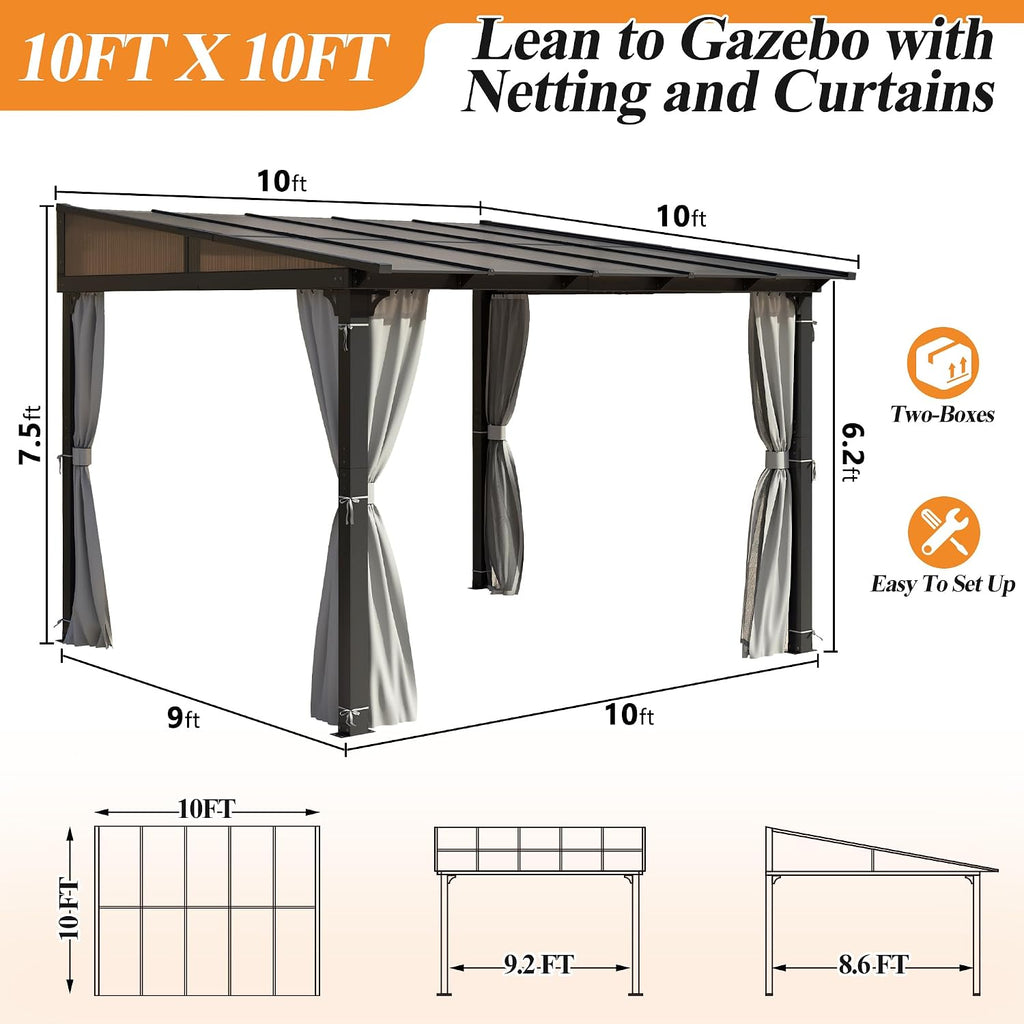 GARTOO 10' x 10' Gazebo for Patio - Aluminum Lean to Gazebos Pergola with Sloping Roof, Outdoor Wall-Mounted Canopy Awnings to House for Patio, Lawn, Garden, Backyard Deck