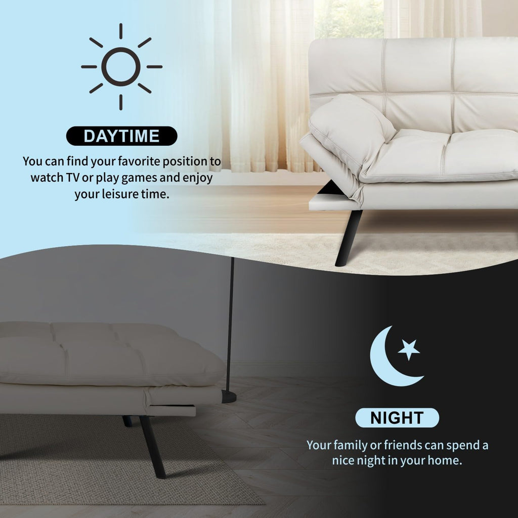 MUUEGM 71' Convertible Futon Sofa Bed, Upholstered Small Futon Couches with Adjustable Backrest, Loveseat Sleeper Bed for Compact Living Room Studio Office (White)