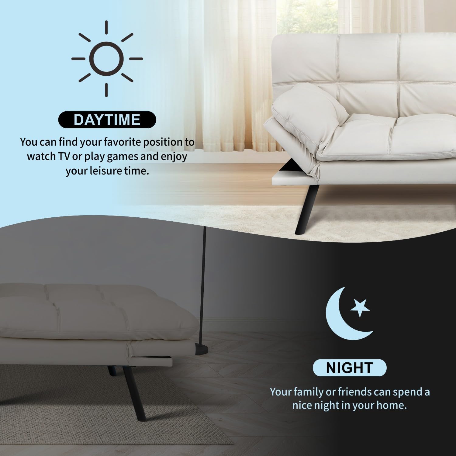 MUUEGM 71' Convertible Futon Sofa Bed, Upholstered Small Futon Couches with Adjustable Backrest, Loveseat Sleeper Bed for Compact Living Room Studio Office (White)