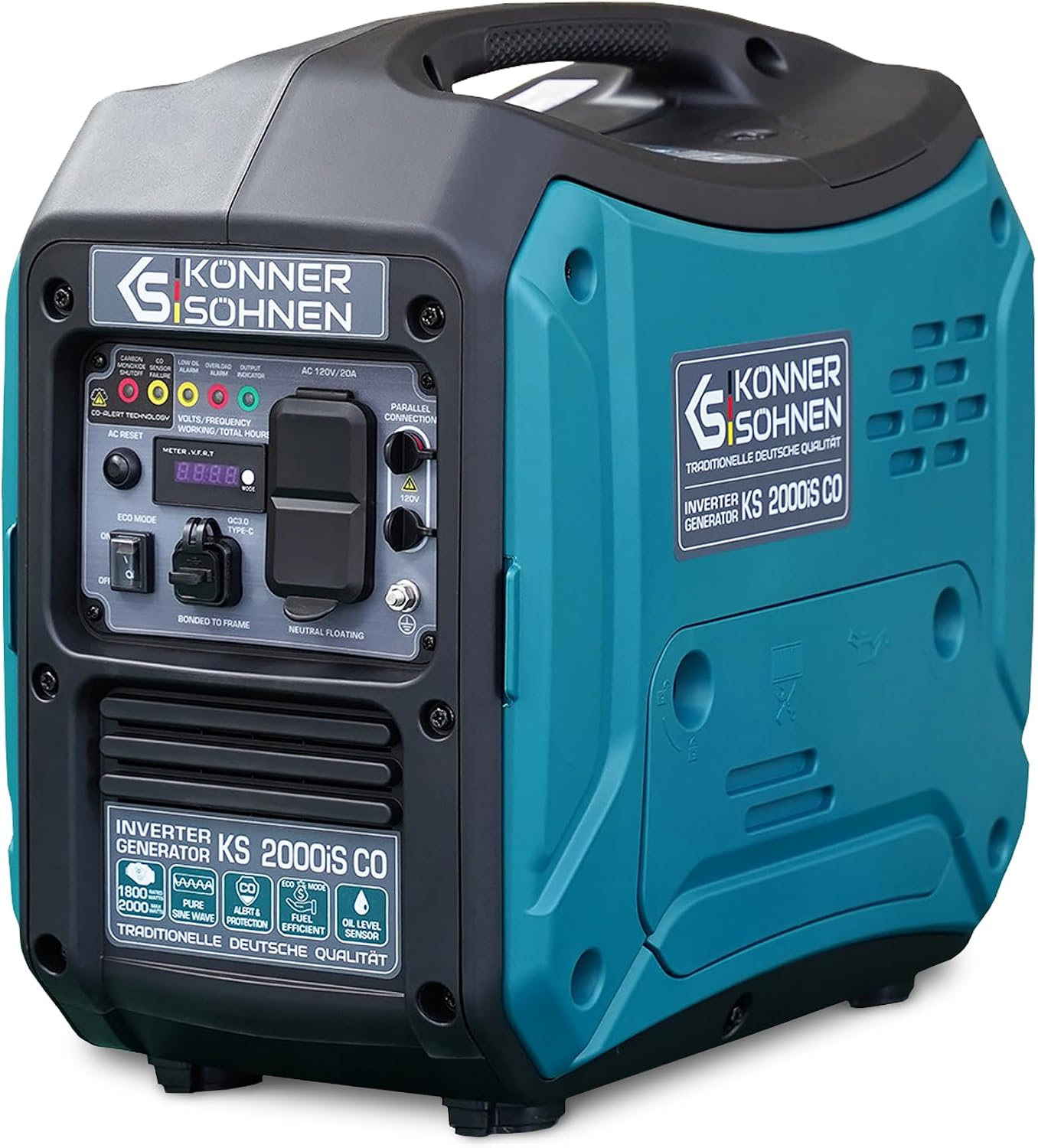 Konner&Sohnen Gas Inverter Generator - 2000 Watt, Lightweight and Portable, Super Quiet with CO Sensor, for Backup Home Use, Camping, RV | Parallel connection (German brand, model: KS 2000iS CO)