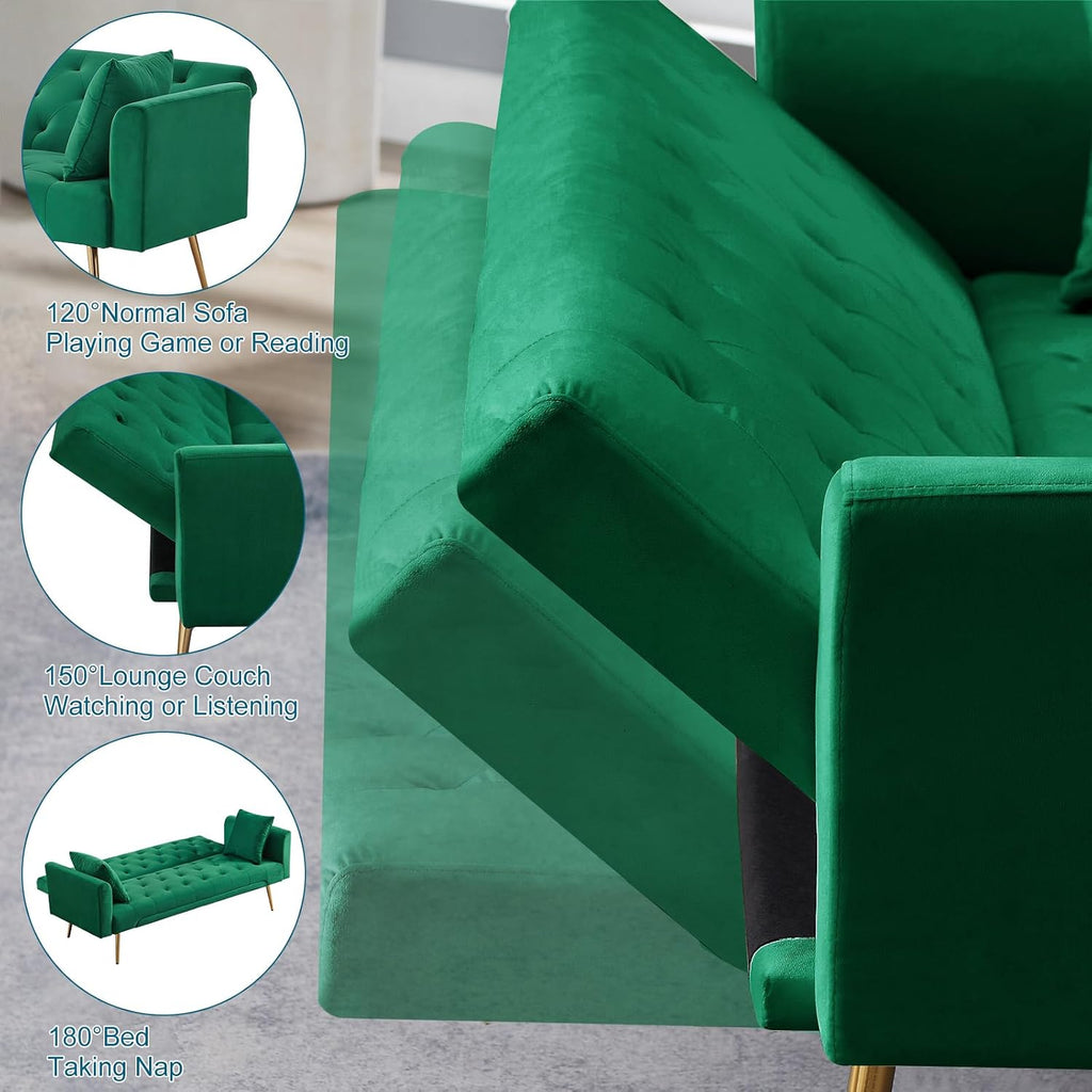 71.65'' Convertible Sofa Bed Modern Futon Set, Velvet Foldable Reclining Loveseat, Three Adjustment Angles,Mid Century Modern Couches for Living Room/Bedroom/Apartment, Easy Assembly,Green