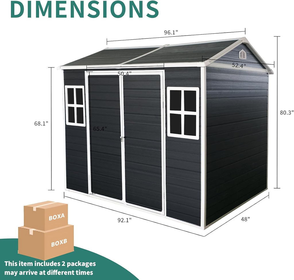 KUIKUI Outdoor Shed with Floor Included, Plastic Storage Sheds with Floor, 4x8 shed with 2 Windows and Lockable Door for Garden Tools, Carbon Black