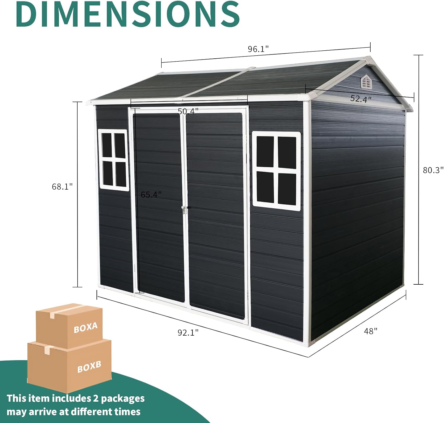 KUIKUI Outdoor Shed with Floor Included, Plastic Storage Sheds with Floor, 4x8 shed with 2 Windows and Lockable Door for Garden Tools, Carbon Black