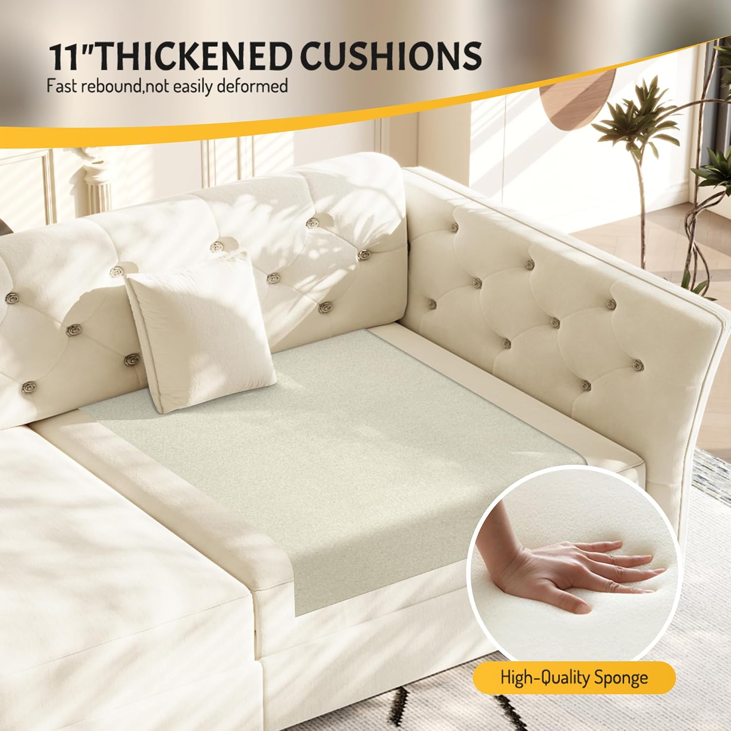 100'' Sleeper Sofa Bed California King Size, Flower Tufted Pull Out Couch, Chesterfield Velvet Futon Couches, Comfy Convertible Modern 4 seat Sofa, 4 Pillows for Living Room, Apartment, Beige