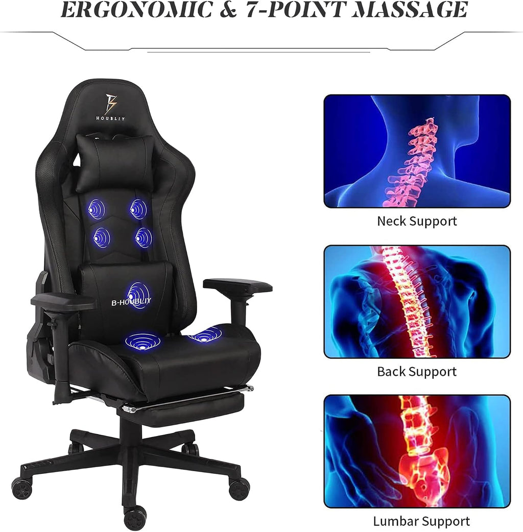 Ergonomic Gaming Chair PU Leather Computer Chair for Teens Adults High Back Racing Office Desk Chair with Speakers and LED Lights 7-Point Massage, Footrest Headrest and Lumbar Support,Black