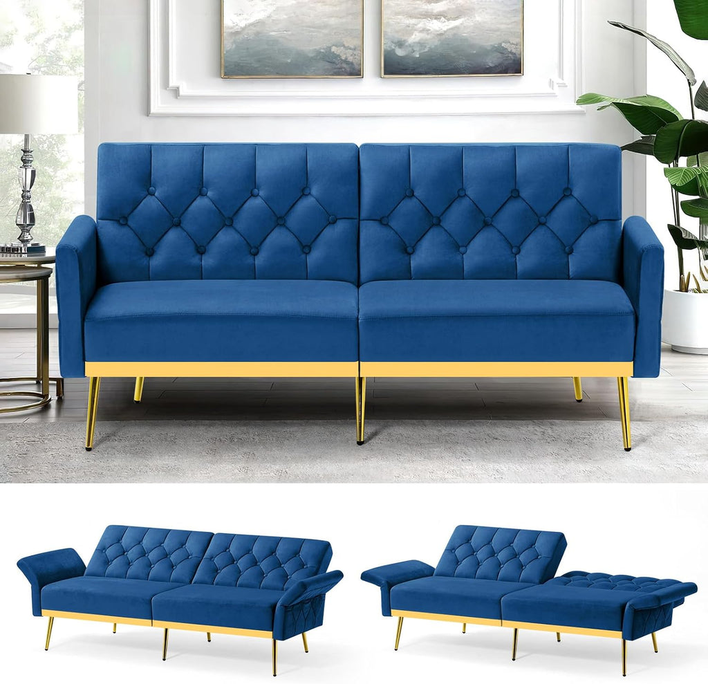 Velvet Futon Sofa Bed w/Adjustable Armrests & Backrests, Button Tufted Sleeper Couch, Modern Convertible Loveseat Sofa for Bedroom, Living Room, Apartment, Blue