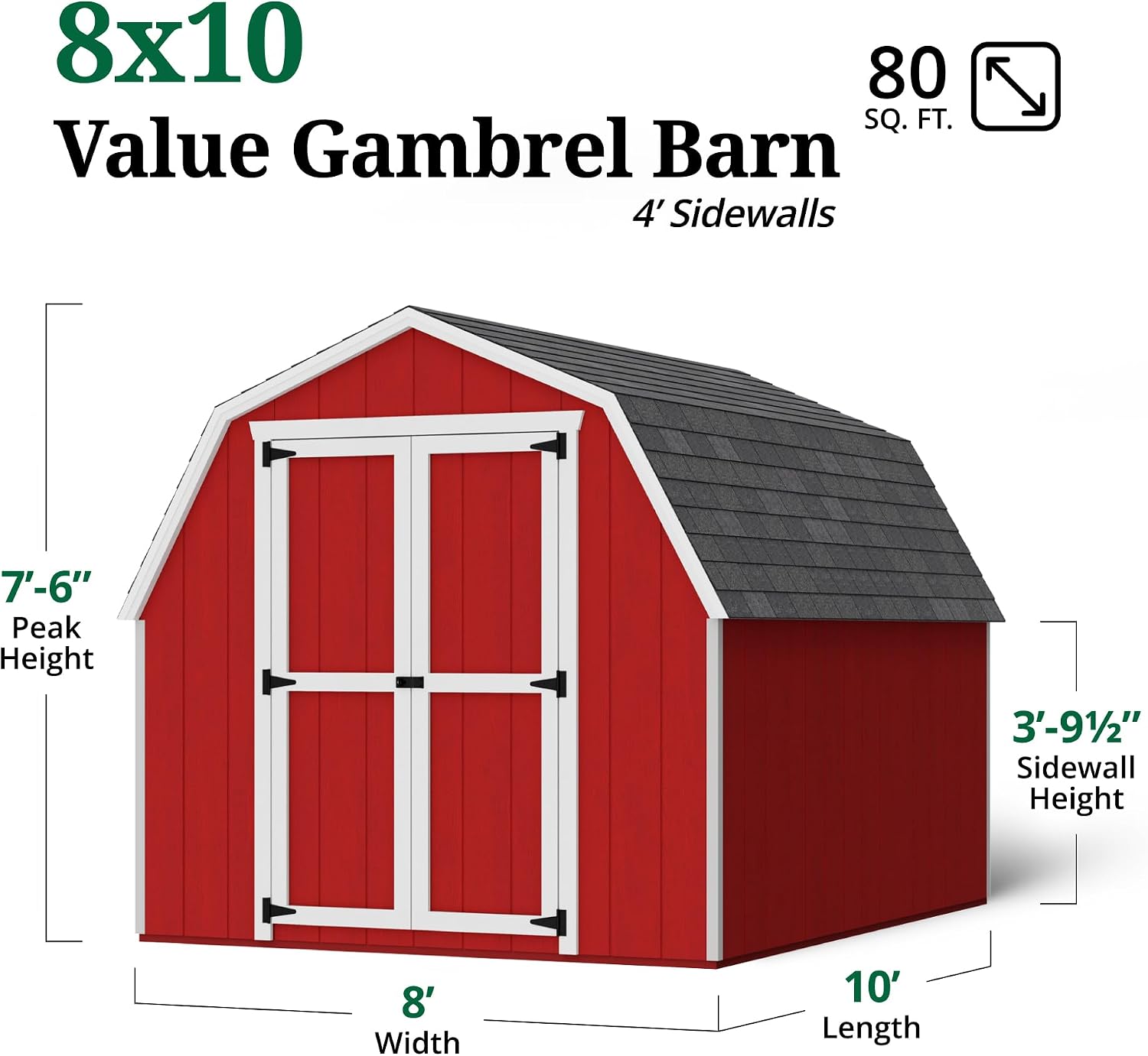 Little Cottage Co. 8x10 Value Gambrel Barn with 4 ft. Sidewalls with Floor, Outdoor Wood Storage Shed Do-It-Yourself Precut Kit