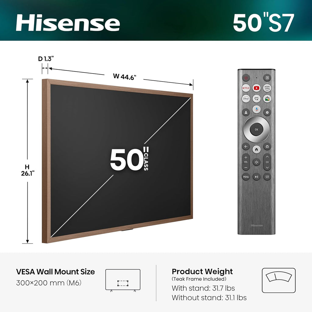 Hisense 50' Hi-QLED S7 CanvasTV Series 4K UHD Google Smart Art TV (50S7SG, 2026 New) - Art Mode, Anti-Glare Panel, Dolby Vision HDR, Hi-Matte Display, Frame & UltraSlim Wall Mount Included