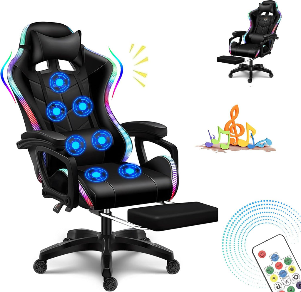 X Rocker Gaming Chair Gaming Chair with RGB Lighting and Speakers, Ergonomic Gaming Chair with footrest and 7-Point Massage Function, 150° tiltable Office Chair Gaming Chair for Adults,Black