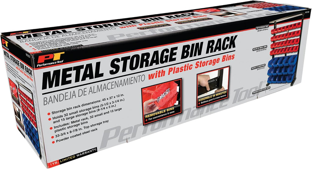 Performance Tool W5193 Half Bulk Bin Storage Rack with 32 Large and Small Bins for Easy Garage Organization of Tools, Parts, Hardware, and More, Red and Blue