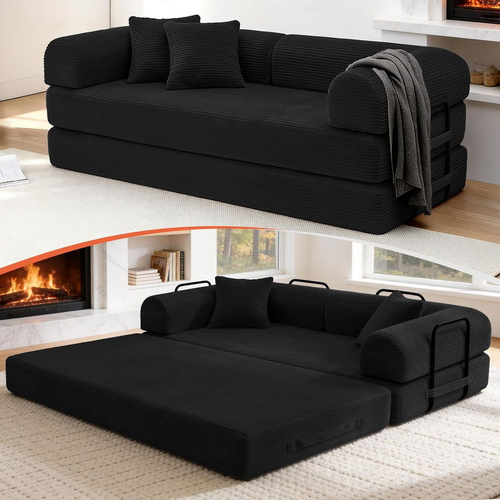 79' Corduroy Sofa Bed, Boneless Couch in a Box with 2 Pillows, High-Density Foam 4-in-1 Foldable Sleeper Futon Loveseat for Small Spaces, No Assembly,Black