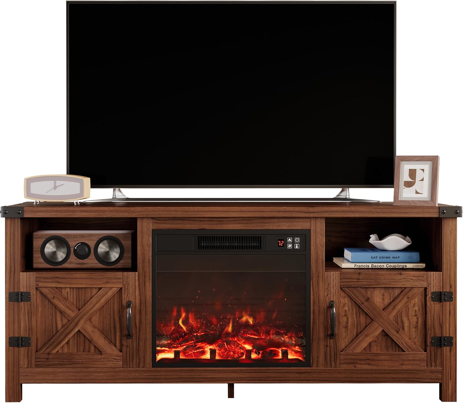 Furmax Entertainment Center with Fireplace, Fireplace TV Stand with Storage Cabinets and 2 Open Shelves, Modern Media TV Console for Living Room (Dark Brown)