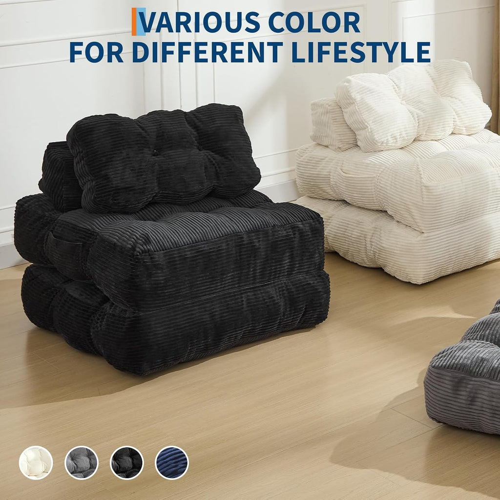 Folding Sofa Bed, 3-in-1 Convertible Sleeper Chair with Pillow, Single Futon Couch Bed with Back Support, Portable Fold Out Chair Bed Comfy Floor Sofa Lounge for Living Room Bedroom, Black