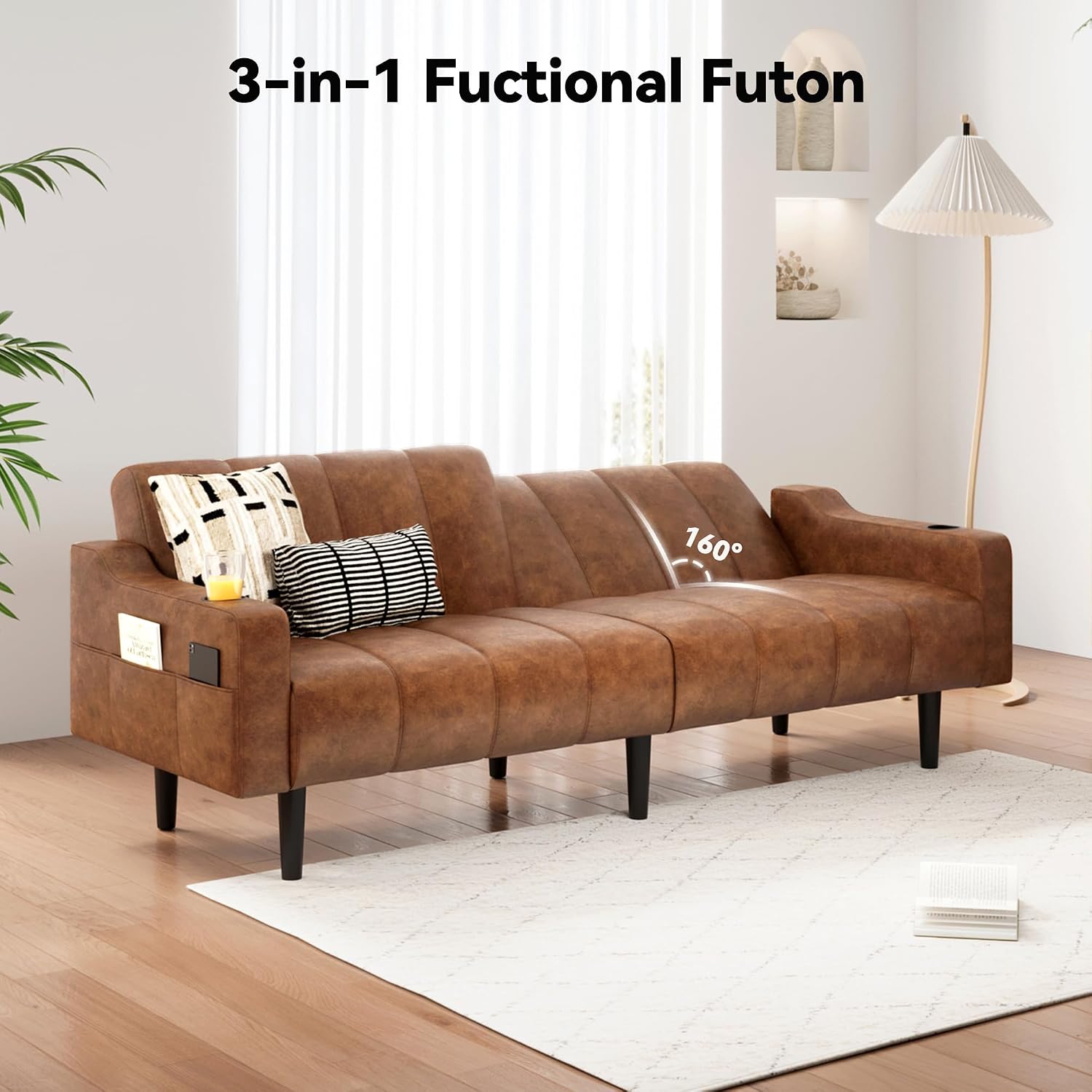 80'' Futon Sofa Bed,Faux Leather Futon Sleeper Sofa, Convertible Loveseat with Adjustable Sofa Backrest,Modern Couches for Living Room, Bedroom, Apartment, Office (Dark Brown)