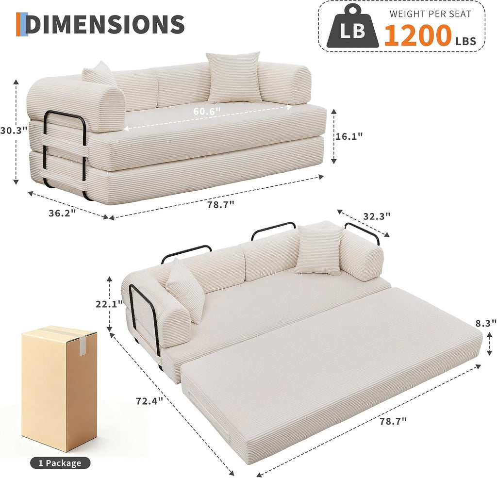 IDEALHOUSE 4 in 1 Convertible Sleeper Sofa Bed Couch, 79 Inch Boneless Corduroy Floor Couch with Pillows, No Assembly, Modern Deep Seat Sofa Futon Mattress for Living Room,Apartment,Beige