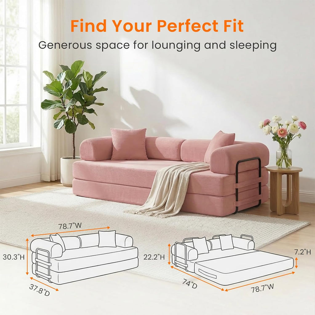 ijuicy 4-in-1 King Convertible Floor Sofa Bed w/ 2 Pillow,Modular Sleeper Sofa/Folding Futon Couch Bed w/Cylindrical Backrest and Fixed Frame,Lounge Couch,Corduroy Compression Sofas for Home-Pink