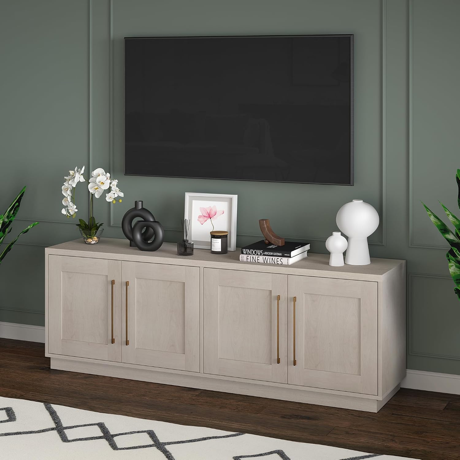 Henn&Hart TV Stand for TVs up to 75'' with 2 Concealed Storage Cabinets and Adjustable Shelves for Living Room, Family Room, or Office, Beech White