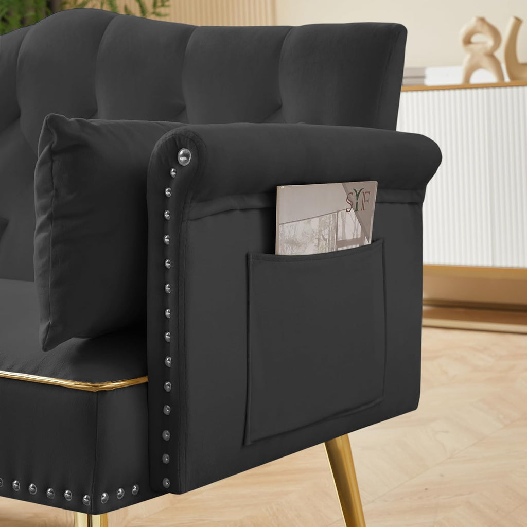 hansones 55-Inch Modern Velvet Loveseat Sofa with Gold Metal Legs & Side Pockets, Tufted Backrest, Perfect for Living Room, Bedroom, or Office (Black)