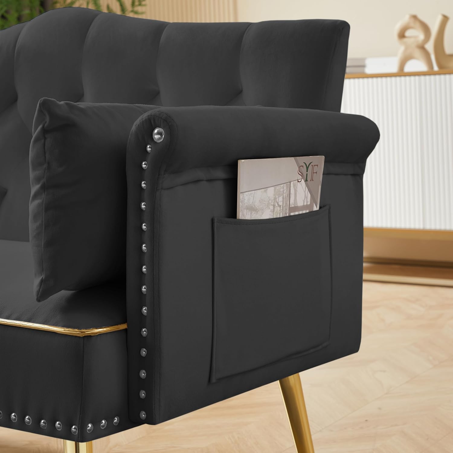 hansones 55-Inch Modern Velvet Loveseat Sofa with Gold Metal Legs & Side Pockets, Tufted Backrest, Perfect for Living Room, Bedroom, or Office (Black)