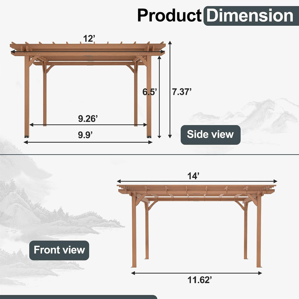 12' x 16' Outdoor Gazebo Wooden Grape pergola for Climbing Plant Support, Garden, Terrace, Backyard, Deck, Brown