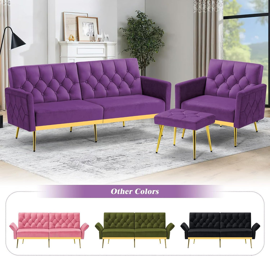 Velvet Sofa Bed w/Adjustable Armrests and Backrests, Modern Convertible Sleeper Sofa, Tufted Futon Sofa for Bedroom, Living Room, Apartment, Purple