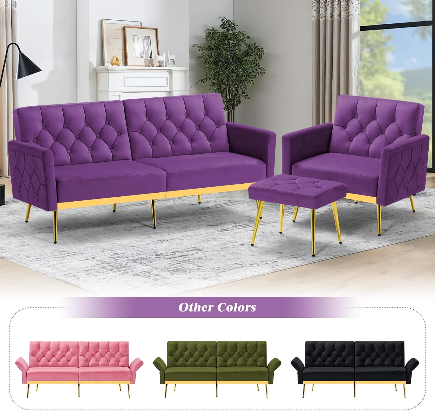 Velvet Sofa Bed w/Adjustable Armrests and Backrests, Modern Convertible Sleeper Sofa, Tufted Futon Sofa for Bedroom, Living Room, Apartment, Purple