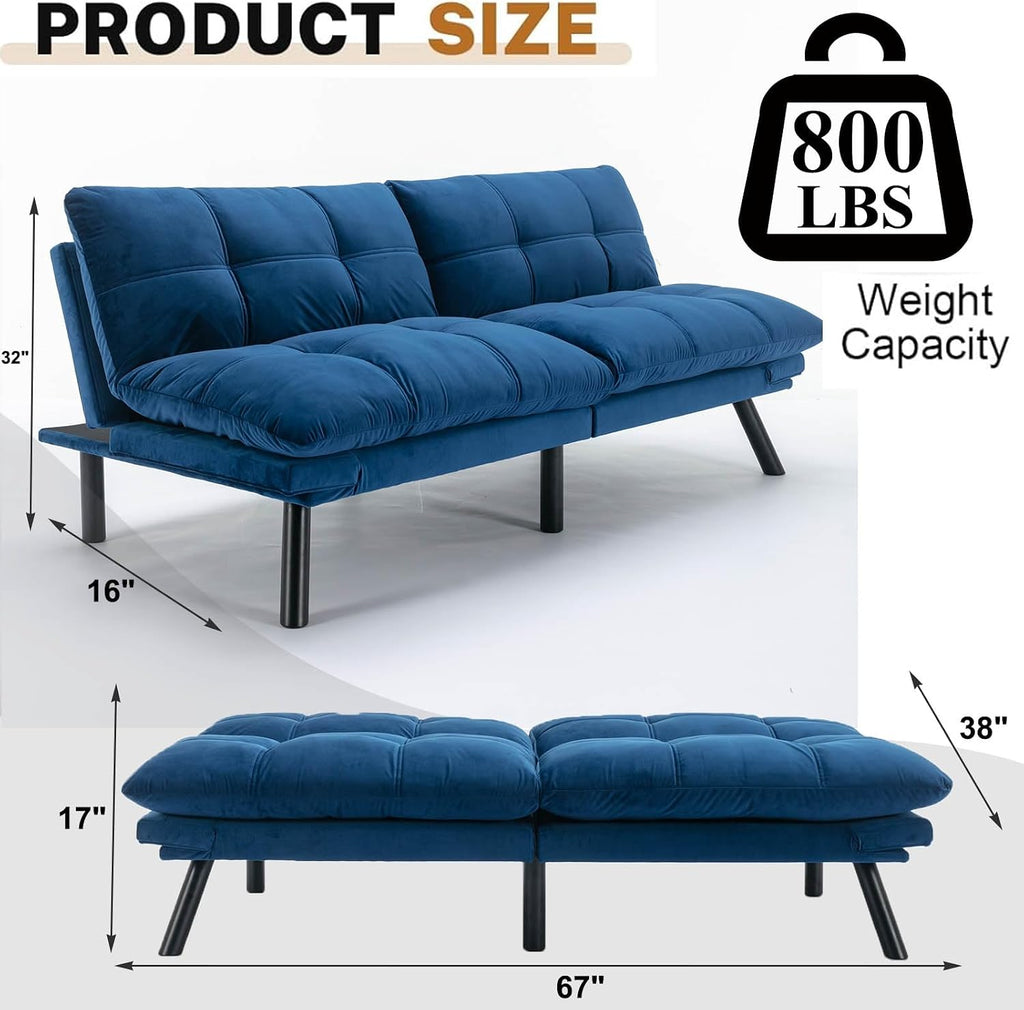 Anwick Velvet Convertible Futon Sofa Bed,71' Modern Comfy Loveseat Sleeper Sofa with Adjustable Backrest Armrest,Folding Futon Sleeper Recliner for Living Room,Office,Apartment (Navy Blue)