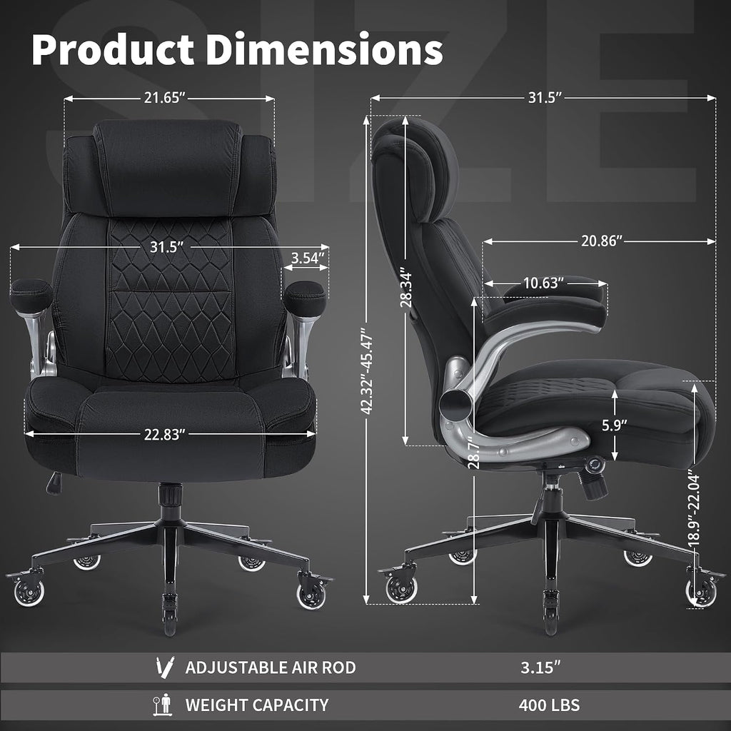 Office Chair with Locking Wheels, Ergonomic High Back Fabric Desk Chair with Adjustable Lumbar Support, Flip-Up Arms, Thick Padded Seat, 400lbs Heavy Duty for Home Office Adults