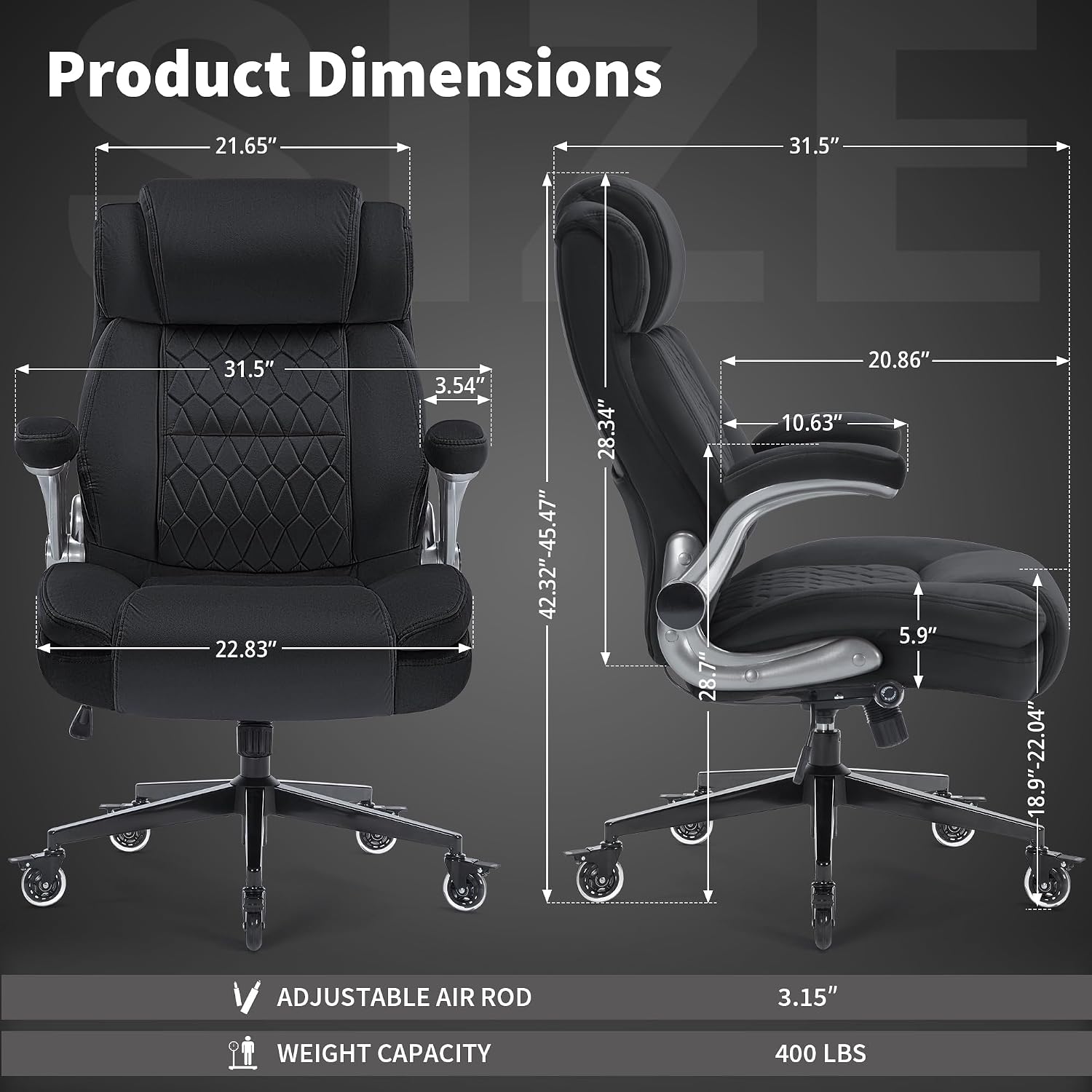 Office Chair with Locking Wheels, Ergonomic High Back Fabric Desk Chair with Adjustable Lumbar Support, Flip-Up Arms, Thick Padded Seat, 400lbs Heavy Duty for Home Office Adults
